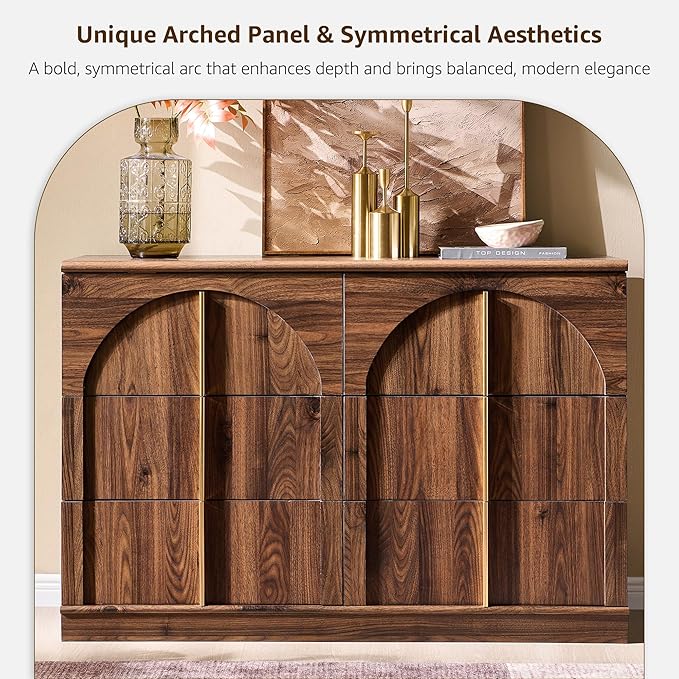 ACCOHOHO Arched Dresser for Bedroom with 6 Drawers, 47.3" Wide Modern Chest of Drawers with Rounded Edge & Metal Handles, Wood Storage Closet Dressers TV Stand for Living Room, Hallway, Brown