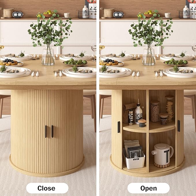 Vipbear Extendable Dining Table 43-59" for 4-6 People, Solid Wood Top with Fluted Slide Door & 8-Compartment Storage, Space Saving Round Dining Room Kitchen Dinner Tables Furniture with Pedestal Base