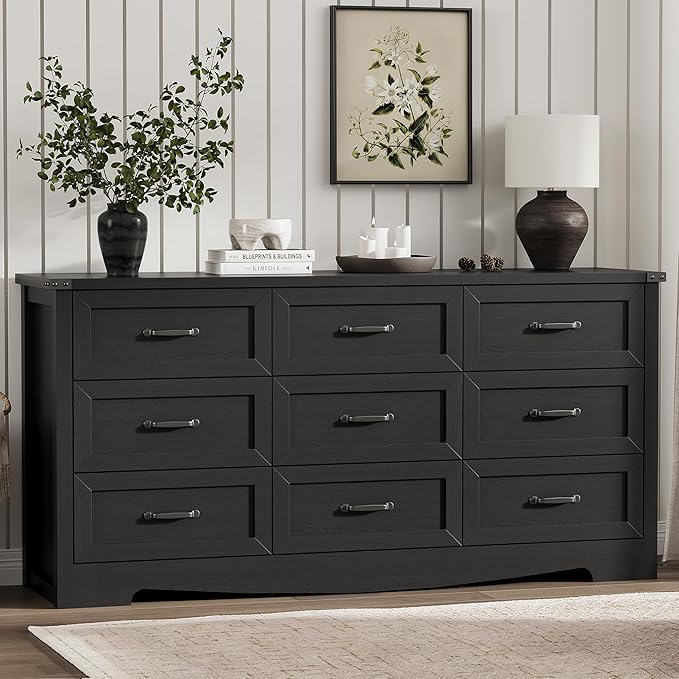 Dresser for Bedroom with 9 Drawers, 63" Wide Wood Chest of Drawers with Deep Drawers & Mental Handle, Modern Dresser TV Stand, Wooden Closet Storage Organizer for Living Room, Hallway, Entryway, Black