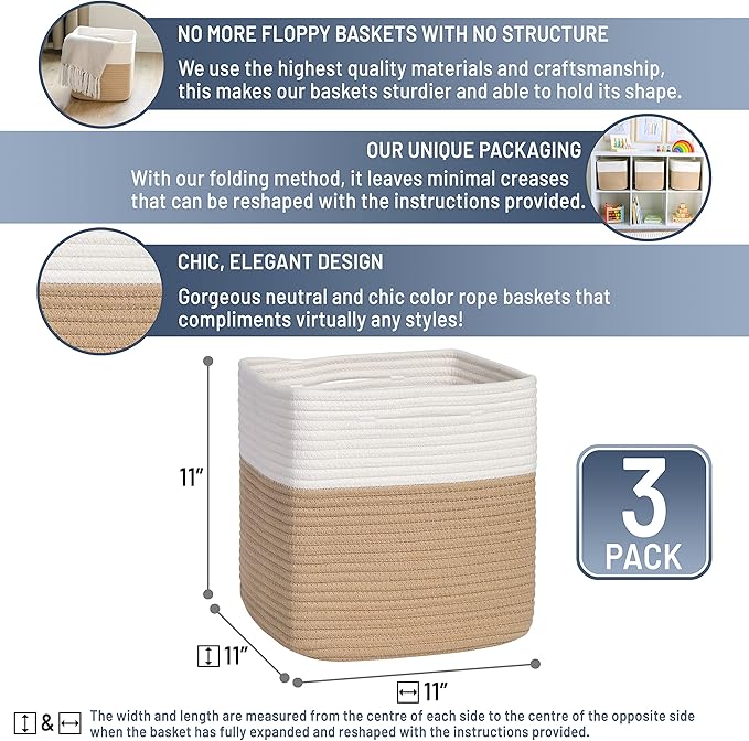 NaturalCozy Storage Cubes 11 Inch Cotton Rope Woven Baskets for Organizing, 3-Pack | Cube Storage Bin | Square Storage Baskets for Shelves Organizer, Classroom, Kids Toy Bins, Closet, Baby Nursery