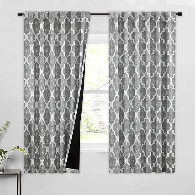 Beauoop 100% Blackout Curtains 63 Inches Long 2 Panels for Bedroom Living Room Grey Moroccan Geo Room Darkening Thermal Insulated Soundproof Rod Pocket Back Tab Window Treatments Drapes, 50x63