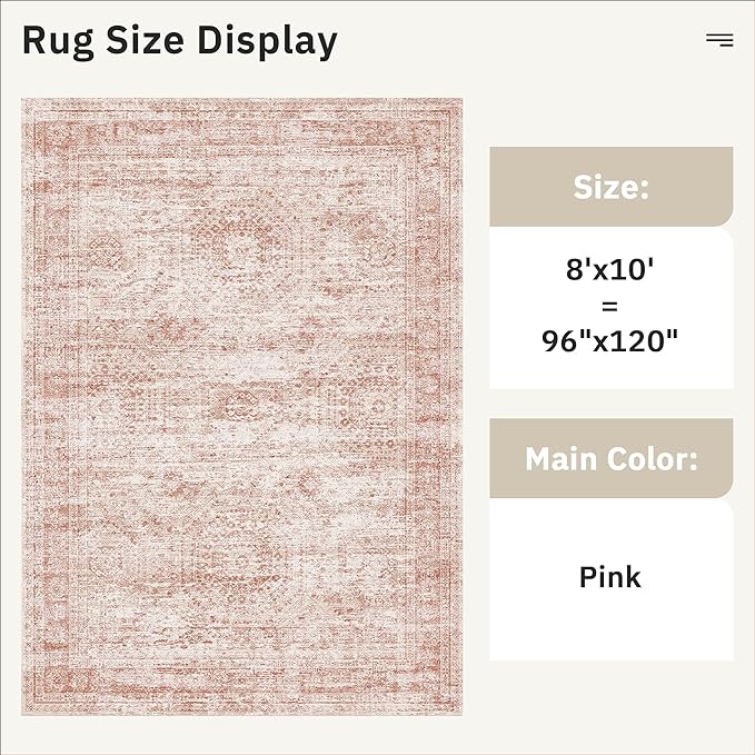 Washable Area Rug 8x10, Large Soft Rugs for Living Room Vintage Area Rugs for Bedroom Dining Room Non-Slip Stain Resistant Pink Under Table Rug