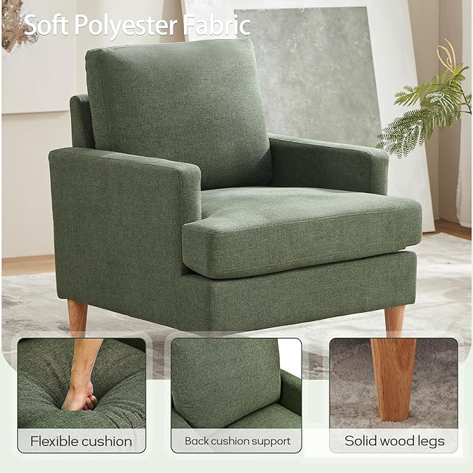 VKNOW Mid-Century Accent Chairs Set of 2, No Tools Assembly Required, Modern Upholstered Polyester Armchairs for Living Room & Bedroom, Comfortable Reading Chairs with Wood Legs, Green