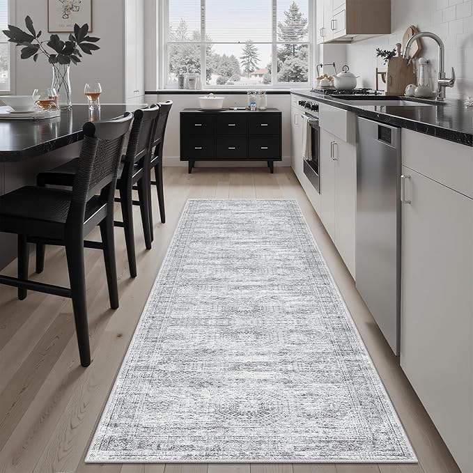Runner Rug 2'x8' Washable Non-Slip Runner Rugs for Kitchen Bathroom Laundry Room Grey Vintage Floor Carpet Runners for Hallway Entryway