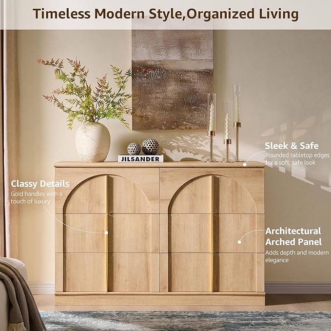 ACCOHOHO Arched Dresser for Bedroom with 6 Drawers, 47.3" Wide Modern Chest of Drawers with Rounded Edge & Metal Handles, Wood Storage Closet Dressers TV Stand for Living Room, Hallway, Natural Oak