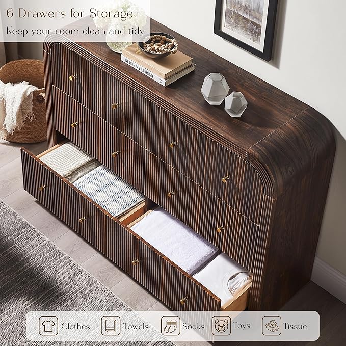 T4TREAM Fluted Dresser for Bedroom with 6 Drawers, 54" Wide Modern Chest of Drawers with Thickened Curved Profile Design, Wood Dressers TV Stand for Bedroom, Living Room, Hallway, Dark Walnut