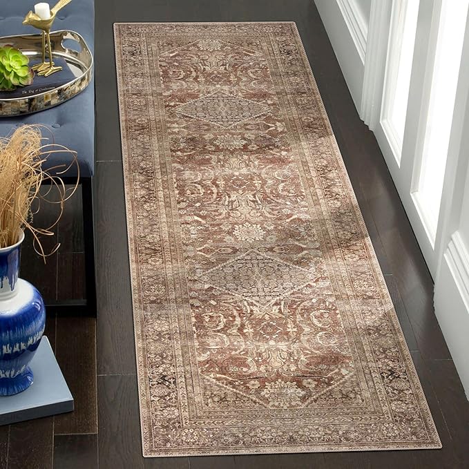 vivorug Runner Rug 2x10 Machine Washable Rug with Non-Slip Backing, Ideal for Kitchen Hallway Entryway Laundry Room - Vintage, Durable, Easy Clean, Low Pile Carpet Runner Earth Tone