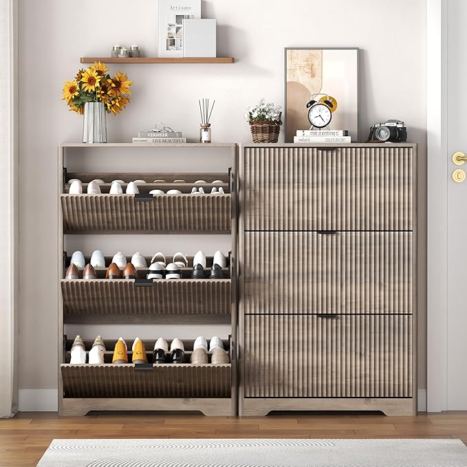 Shoe Cabinet Storage for Entryway with 3 Flip Drawers, Grey Fluted Shoe Cabinet with Adjustable Shelves, Wooden Hidden Shoe Rack Freestanding Narrow Slim Shoes Storage for Hallway, Entrance