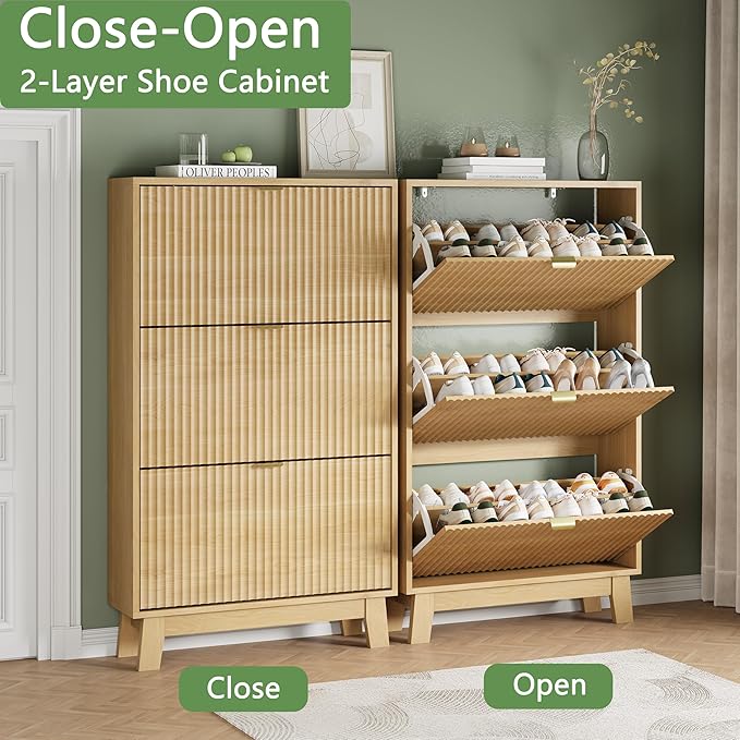 Shoe Cabinet with 3 Flip Drawers, 54" Tall Narrow Fluted Shoe Storage Organizer for Entryway, Hidden Slim Wooden Shoe Rack Cabinet for Front Door Entrance, Hallway, Living Room, Natural Oak