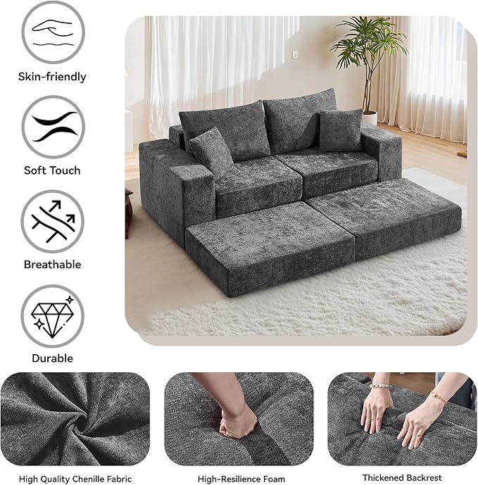 Boneless Sectional Loveseat Couch with Ottoman, Convertible Modular Floor Sleeper Sofa Bed, Comfy Foldable Compression Love Seat Sofa for Living Room, No Assembly, Dark Grey