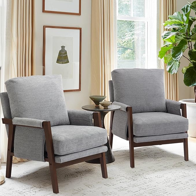 Grey Accent Chair for Bedroom & Living Room, Mid Century Modern Accent Arm Chair, Upholstered Anthropologie Accent Chair with Solid Wood Frame, Fabric