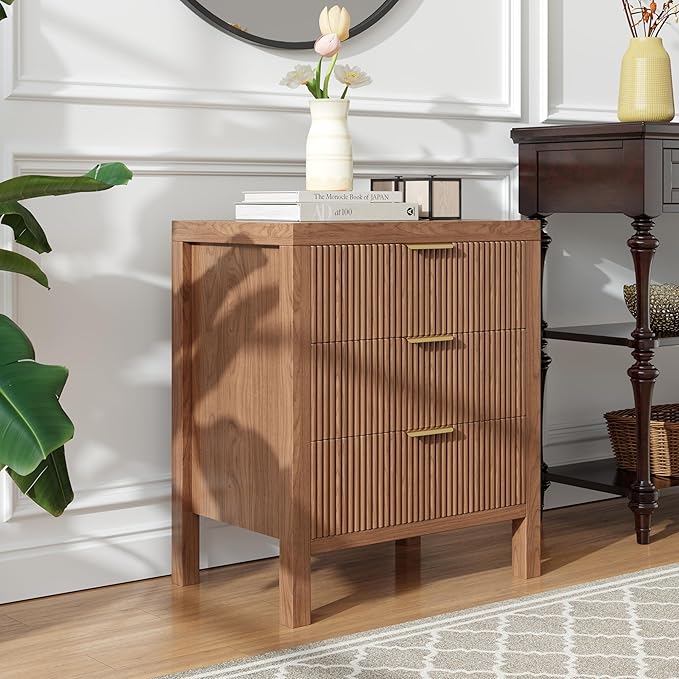 Fluted Nightstands Set of 2, Wooden Farmhouse Night Stands with 6 Drawer Bedside Table - Boho Tall End Table Accent Table for Bedroom, Living Room, Walnut