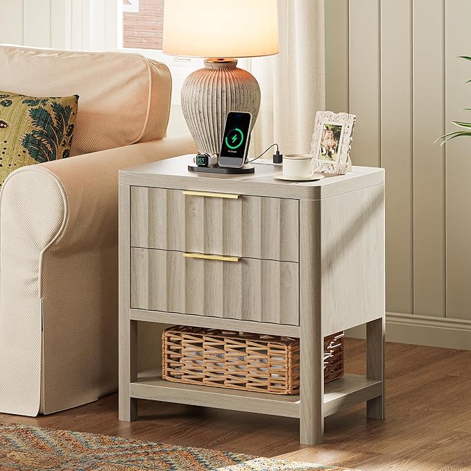 Huuger 27.6 Inch Tall Night Stands with Charger Station, USB-C Port, Fluted Nightstand Set of 2, Larger Wider Bed Side Table with 2 Deep Drawers, Open Shelf, Bedroom Living Room End Table, Grey