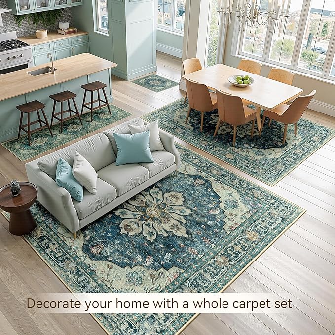 Area Rugs 2'x10' Washable Non-Slip, Floral Vintage Distress Print Pattern Medallion Carpet for Living Room Bedroom Dining Room, Dark Blue Vintage