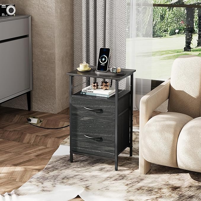 WLIVE Nightstand with Charging Station, Side Table with 2 Fabric Drawers, End Tables for Bedroom, Small Dresser, USB Ports and Outlets, Charcoal Black