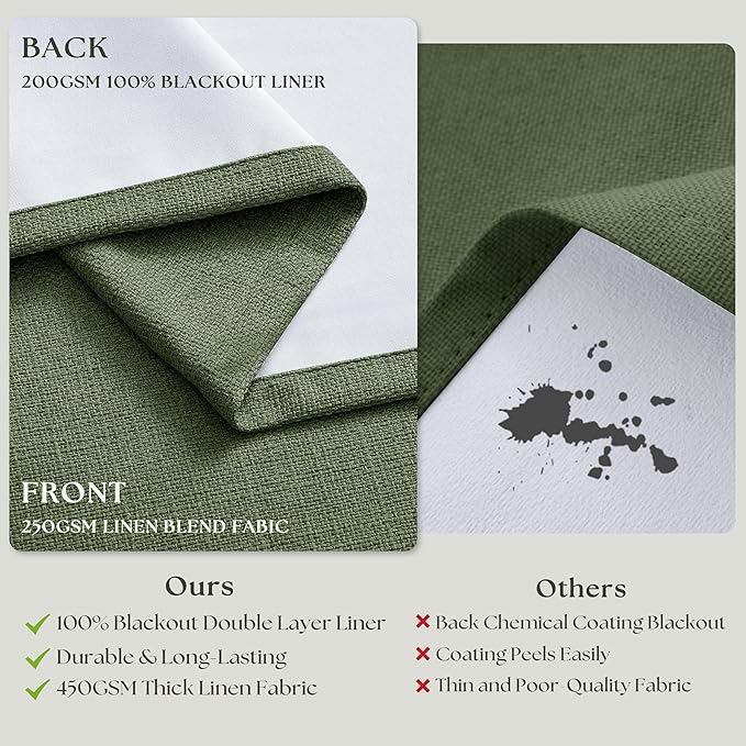 Thick Linen Olive Green Blackout Curtains 90 Inches Long for Living Room Bedroom 100% Black Out Pinch Pleated Drapes Double Layer Room Darkening Light Blocking Thermal Insulated 90 Inch Curtain Loden