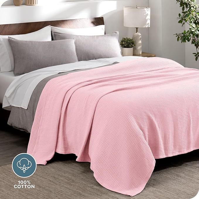 Bare Home Light Pink Waffle Blanket, 108Wx90L, 100% Cotton, Soft & Breathable for All Seasons, Lightweight Blanket, Perfect for Layering Bed, Sofa & Couch (King/Cal King, Light Pink)