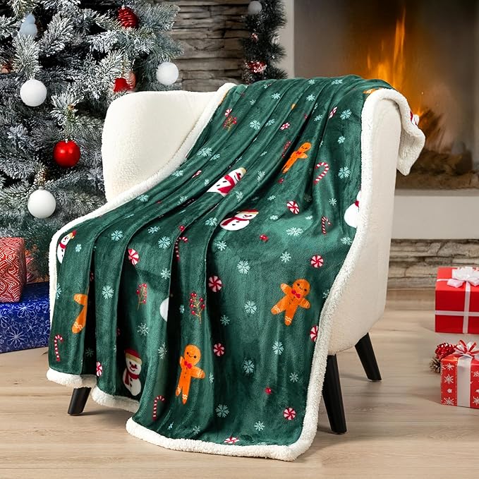 PAVILIA Green Christmas Sherpa Throw Blanket, Gingerbread Snowman Holiday Pattern, Soft Reversible Fleece & Sherpa 50x60 Winter Blanket for Couch & Bed, Cozy Christmas Decor