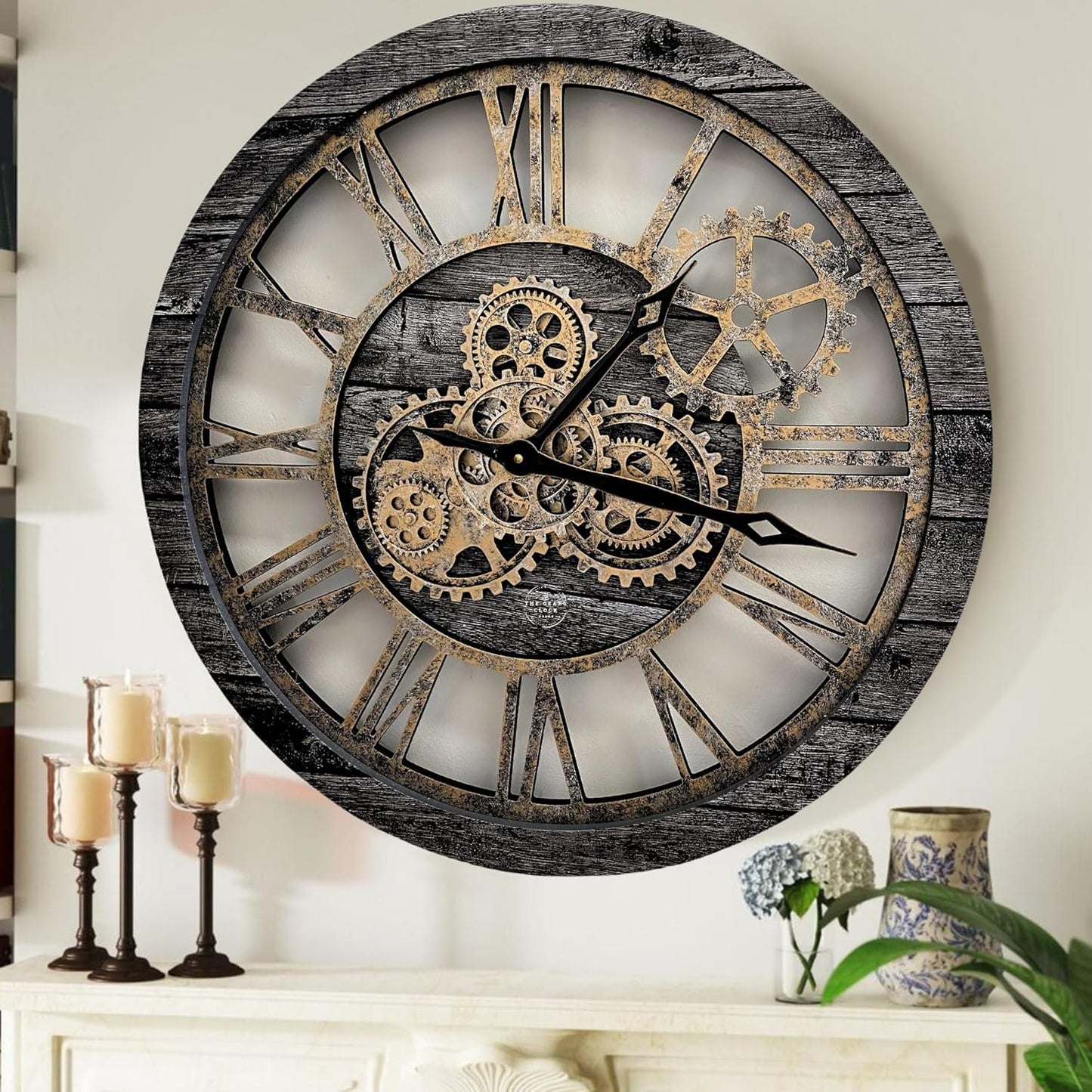 The Gears Clock The Original Real Moving Gear Wall Clock Vintage Industrial Oversized Rustic Farmhouse (24 inch (60cm), Vintage Carbon Grey and Bronze)