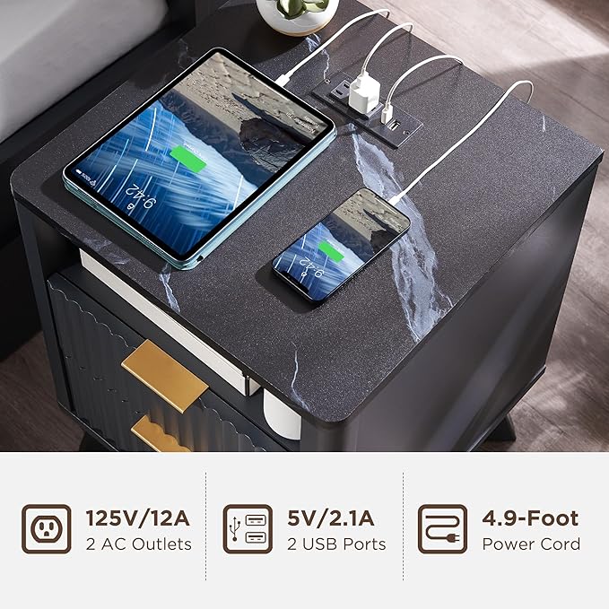 T4TREAM Fluted Nightstand Set of 2 with Charging Station, 18" Modern SideTable with Faux Marble Top, 2 Drawer End Table w/Storage, Bedside Table for Bedroom, Living Room, Curved Profile, Dark Grey