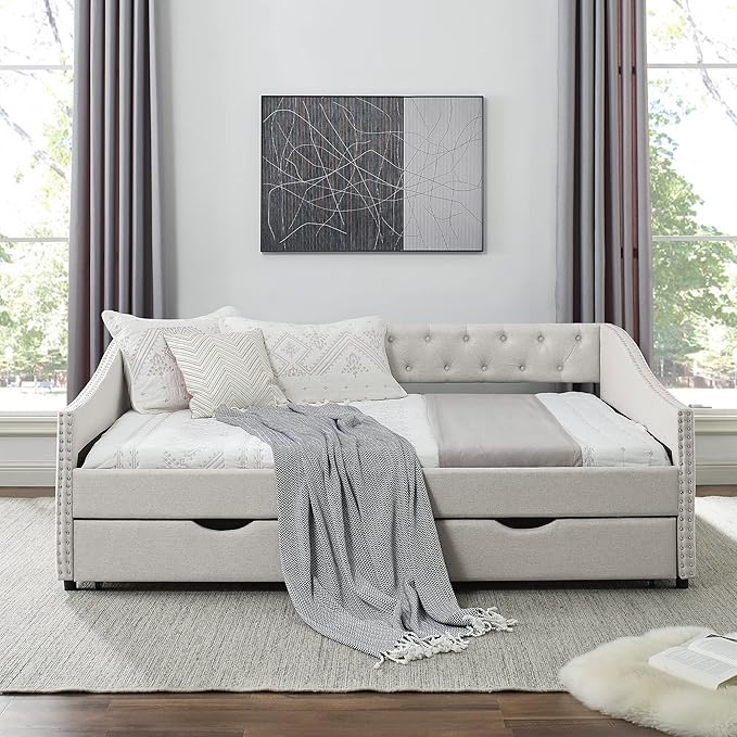 Favfurish Full Size Daybed with 2 Storage Drawers,Linen Upholstered Sofa Bed W/Button on Back & Copper Nail on Waved Shape Armrests,No Spring Box Need,Wood Bedframe for Living Room Bedroom Dorm,Beige