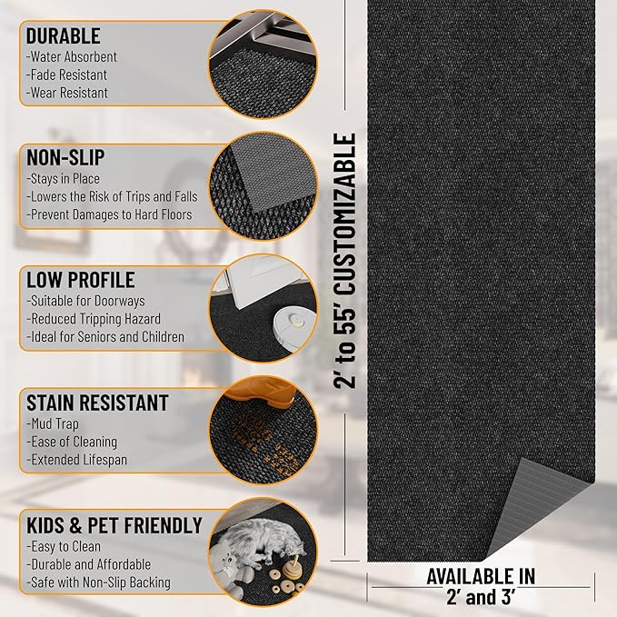 Ottomanson Commercial Scrape Rib Entry Mat – Heavy Duty Ribbed Floor Mat for High Traffic – Non Slip Rubber Back, Waterproof – Indoor Outdoor Use for Offices, Schools, Lobbies, 2'7" x 32', Black