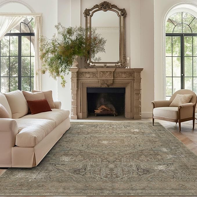 vivorug 8x10 Area Rugs for Living Room, Non-Slip Backing Washable Rug 8x10, Large Area Rug Soft Carpet for Bedroom Dining Room, Vintage, Easy Clean, Durable, Low Pile Rug Under Table, Olive