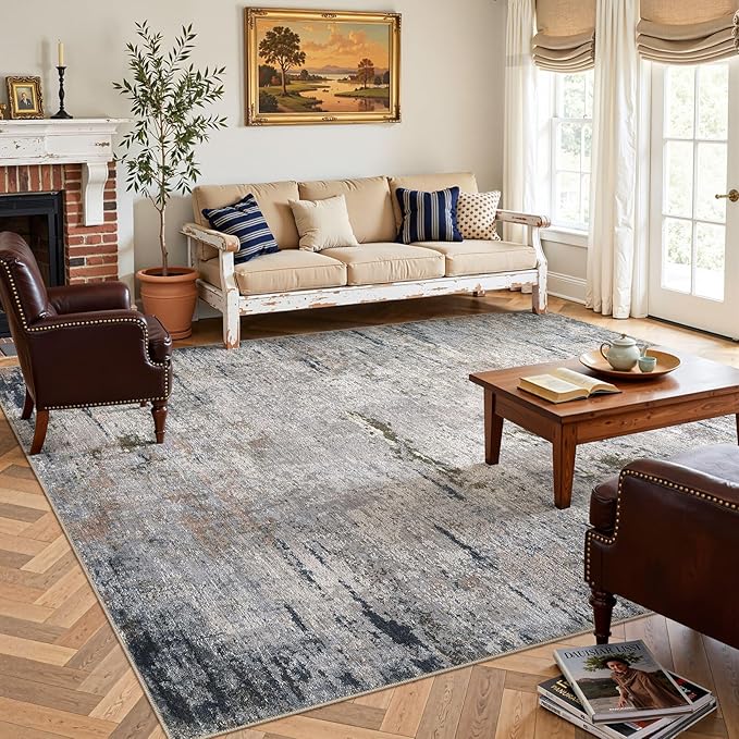 Area Rug Living Room Rugs - 8x10 Washable Large Soft Indoor Neutral Modern Abstract Low Pile Rug Carpet for Bedroom Dining Room Farmhouse Home Office - Blue/Grey/Brown