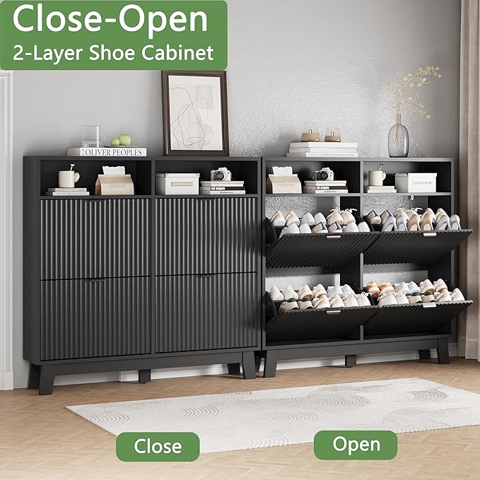 Shoe Cabinet with 4 Flip Drawers, 46" Tall Narrow Fluted Shoe Storage Organizer for Entryway, Hidden Slim Wooden Shoe Rack Cabinet for Front Door Entrance, Hallway, Living Room, Solid Black