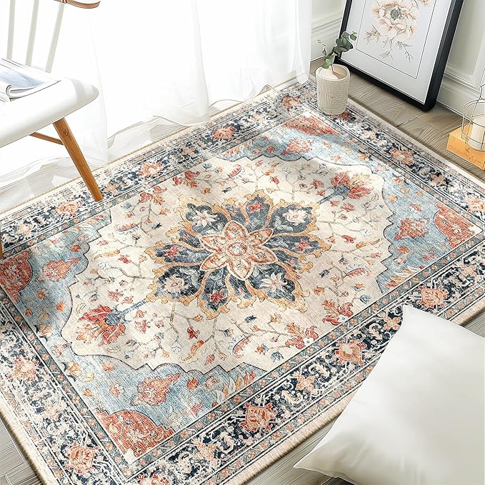 Area Rugs 3'x4' Washable Non-Slip, Floral Vintage Distress Print Pattern Medallion Carpet for Living Room Bedroom Dining Room, Beige Navy Blue Orange Colorful