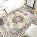 Area Rugs 3'x4' Washable Non-Slip, Floral Vintage Distress Print Pattern Medallion Carpet for Living Room Bedroom Dining Room, Beige Navy Blue Orange Colorful
