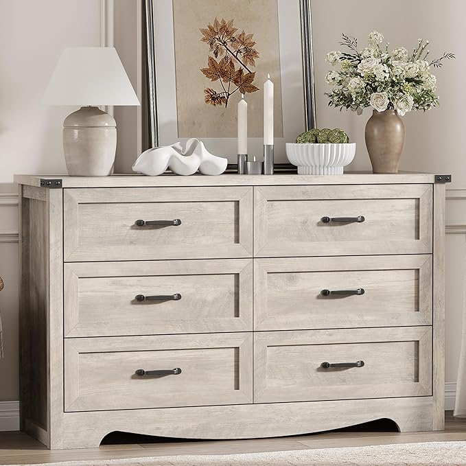 Dresser for Bedroom with 6 Drawers, 54" Wide Wood Chest of Drawers with Deep Drawers & Mental Handle, Modern Dresser TV Stand, Wooden Closet Storage Organizer for Living Room, Hallway, Entryway, Grey