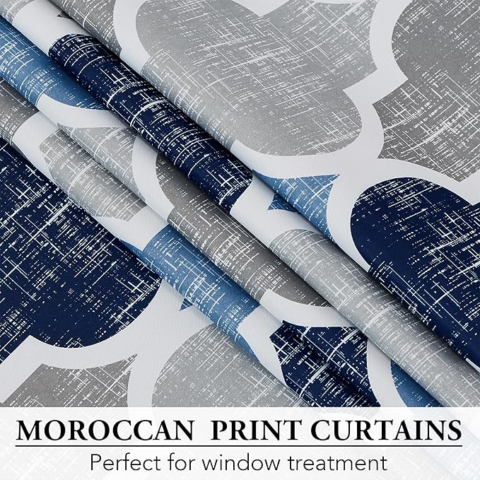 Beauoop 100% Blackout Curtains 63 Inches Long 2 Panels for Bedroom Living Room Blue Grey Moroccan Geo Room Darkening Thermal Insulated Soundproof Rod Pocket Back Tab Window Treatments Drapes, 50x63