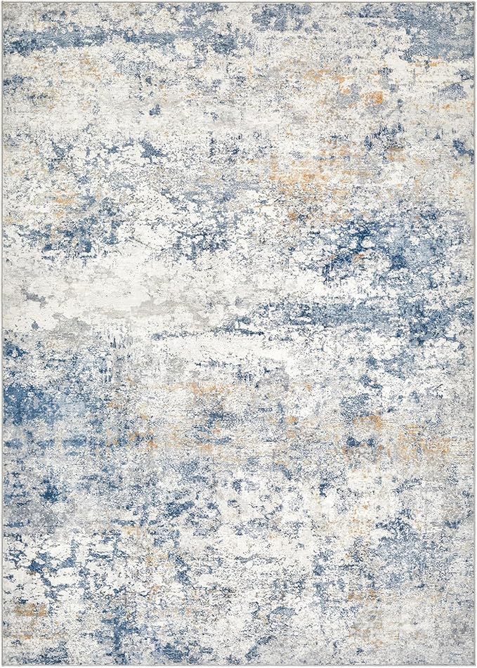 Area Rug Living Room Rugs - 4x6 Abstract Large Soft Indoor Washable Rug Neutral Modern Low Pile Carpet for Bedroom Dining Room Farmhouse Home Office - Blue