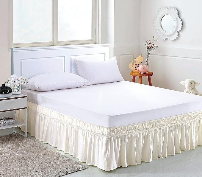 MEILA Wrap Around Bed Skirt Three Fabric Sides Elastic Dust Ruffled 14 Inch Tailored Drop,Easy to Install Fade Resistant-Ivory, Queen/King