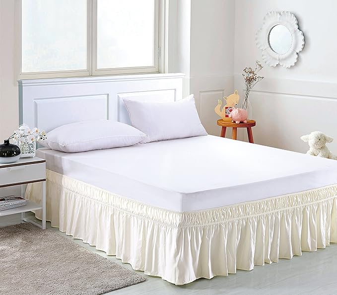 MEILA Wrap Around Bed Skirt Three Fabric Sides Elastic Dust Ruffled 16 Inch Tailored Drop,Easy to Install Fade Resistant-Ivory, Queen/King