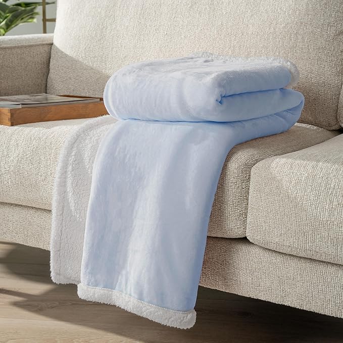 PAVILIA Sherpa Fleece Throw Blanket for Couch, Twin Size, Light Blue, Plush Soft Fuzzy Sofa Blanket, Cozy Reversible Winter Throw for Women Men, 60x80 Inches