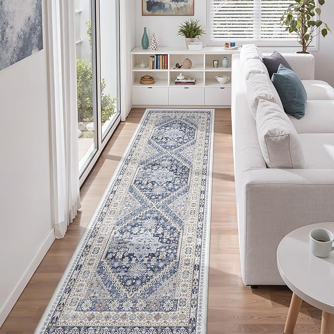 zesthome Washable Runner Rug 2.5x8 - Stain Resistant Entryway Rug,Ultra-Thin Kitchen Rugs, Anti Slip Backing Runner Rugs for Entrance Laundry Room Indoor Hallway (Blue/Beige,2.5'x8')