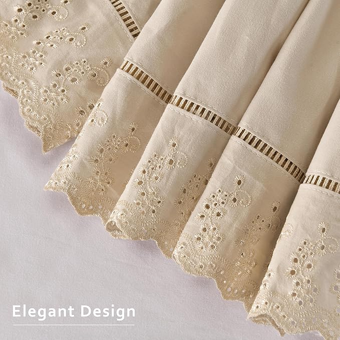 MIYE Wrap Around Ruffled Lace Bed Skirt, Elastic Dust Ruffle with Adjustable Belts, Easy to Put On, Bed Frame Cover, Machine Washable (Embroidered/Beige, Full/Twin-15 Drop)