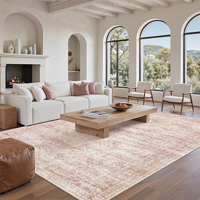 Washable Area Rug 8x10, Large Soft Rugs for Living Room Vintage Area Rugs for Bedroom Dining Room Non-Slip Stain Resistant Pink Under Table Rug