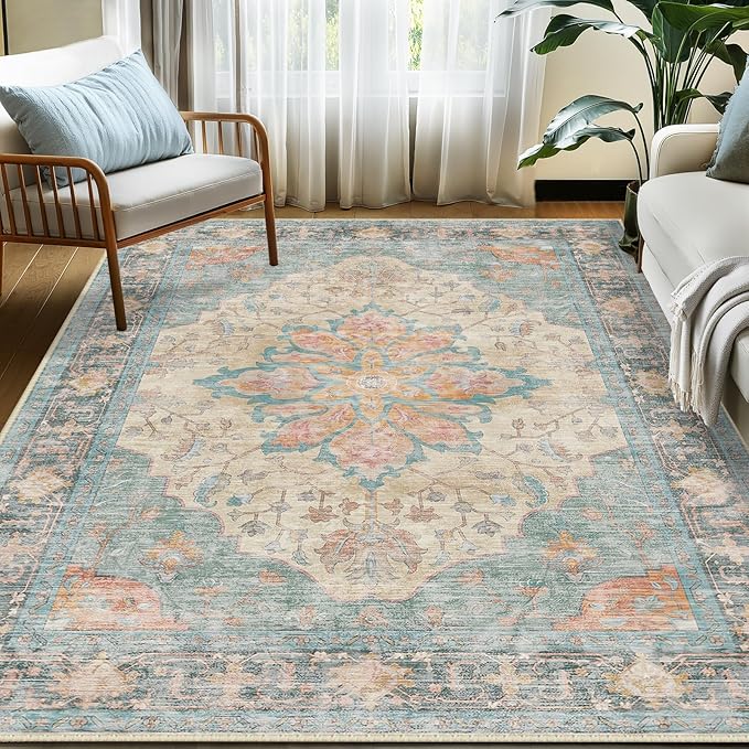 Area Rugs 5'x7' Washable Non-Slip, Floral Vintage Distress Print Pattern Medallion Carpet for Living Room Bedroom Dining Room, Blue Orange Red