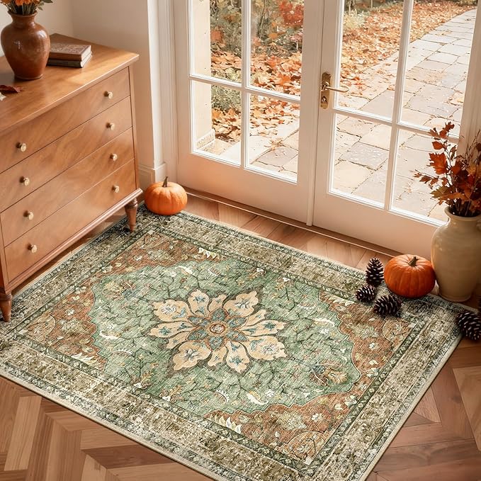 Area Rugs 3'x5' Washable Non-Slip, Floral Vintage Distress Print Pattern Medallion Carpet for Living Room Bedroom Dining Room, Brick Red Rust Neutral Brown Burnt Orange Green