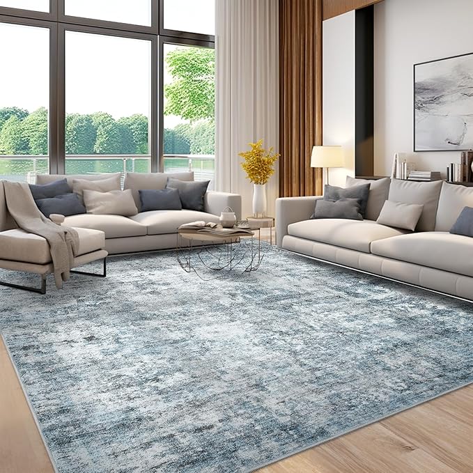 7x9 Area Rug for Living Room Washable Abstract Vintage Soft Thin Indoor Floor Non-Slip Carpet for Bedroom Dining Room Blue Grey