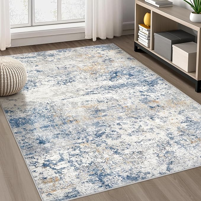 Area Rug Living Room Rugs - 4x6 Abstract Large Soft Indoor Washable Rug Neutral Modern Low Pile Carpet for Bedroom Dining Room Farmhouse Home Office - Blue