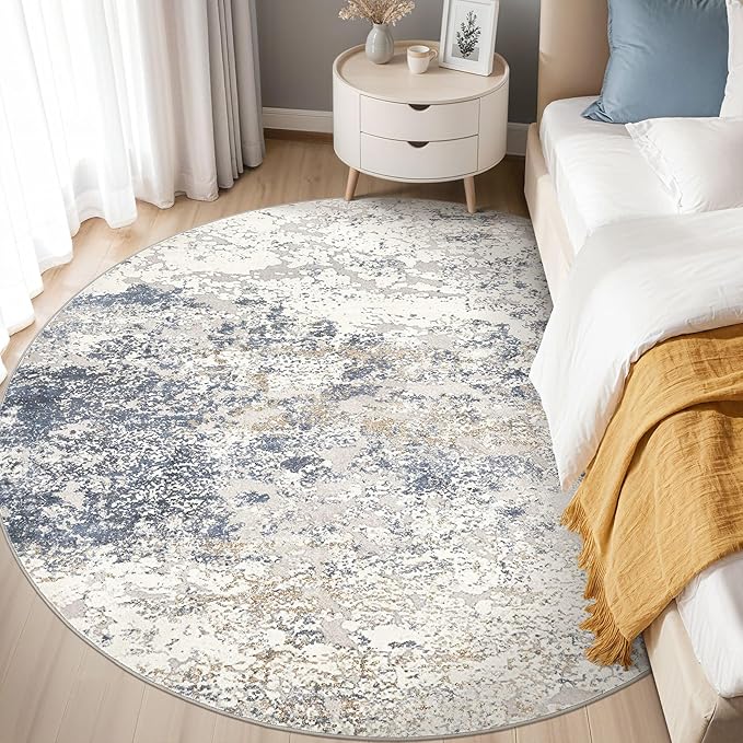 6ft Round Area Rug Living Room Rugs - 6x6 Washable Large Soft Indoor Modern Abstract Low Pile Rug Carpet for Bedroom Dining Room Farmhouse Home Office - Beige Blue