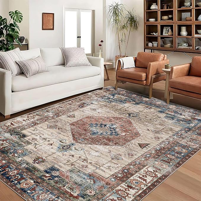 vivorug 8x10 Area Rugs for Living Room, Non-Slip Backing Washable Rug 8x10, Large Area Rug Soft Carpet for Bedroom Dining Room, Vintage, Easy Clean, Durable, Brown
