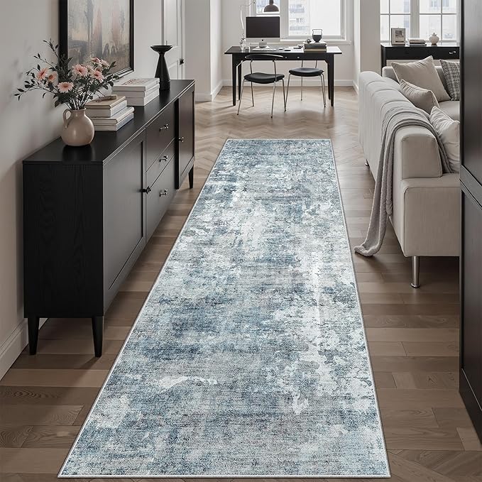 Washable Runner Rug, 2'6" x 8' Non-Slip Kitchen Vintage Foldable Hallway Runners for Entryway, Laundry, Bedroom, Blue