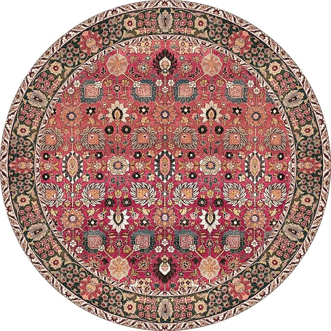 vivorug Round Rug 6ft Vintage Round Area Rug Non-Slip Indoor Carpet for Living Room Bedroom Entryway, Stain Resistant Home Decor Circle Rug, Cherry Red/Spice