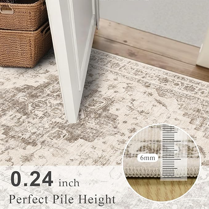 2x6 Hallway Washable Runner Rug Vintage Non-Slip Soft Kitchen Mat Boho Medallion Distressed Farmhouse Carpet Floral Low Pile Indoor Throw Rug for Entryway Bathroom Living Room Bedroom, Taupe