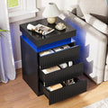 Nightstand with Charging Station & LED Lights, Modern Small Fluted Bedside & End Table with 3 Drawers, Sliding Top & Hidden Storage, Wooden Farmhouse Night Stand for Bedroom Office or Sofa, Black
